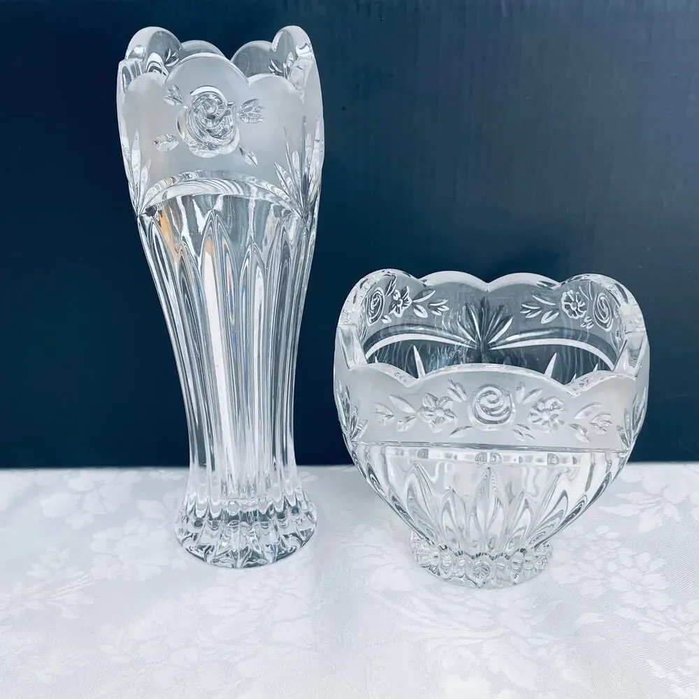 Vtg Oneida Crystal Southern Gardens Bud Vase Candy Dish Bowl Germany Floral Moti